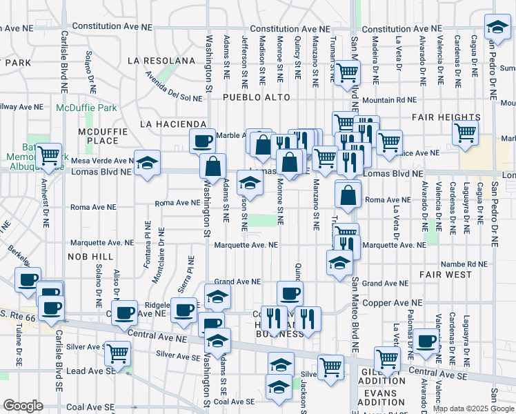 map of restaurants, bars, coffee shops, grocery stores, and more near 441 Monroe Street Northeast in Albuquerque