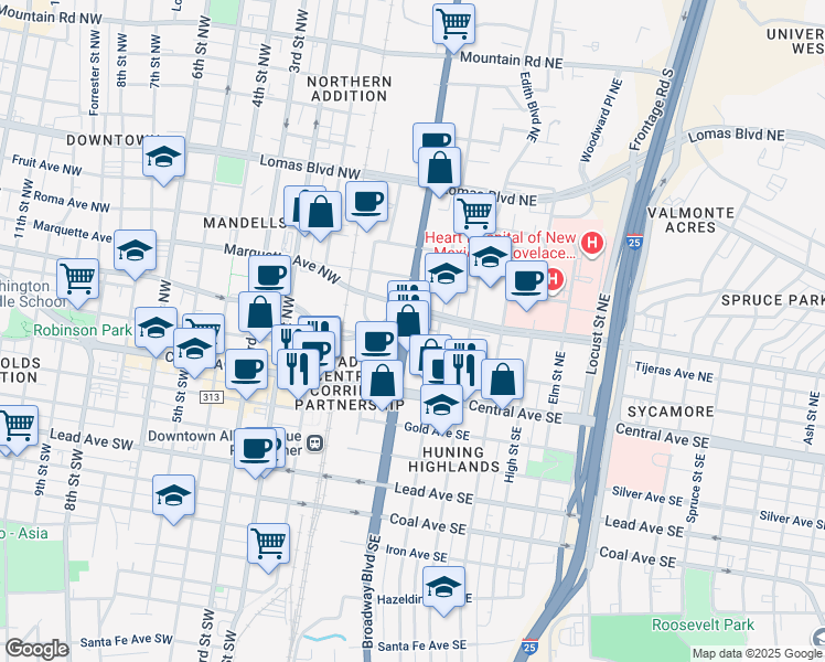 map of restaurants, bars, coffee shops, grocery stores, and more near 300 Tijeras Avenue Northeast in Albuquerque