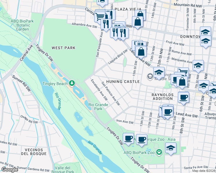 map of restaurants, bars, coffee shops, grocery stores, and more near 1616 San Patricio Avenue Southwest in Albuquerque