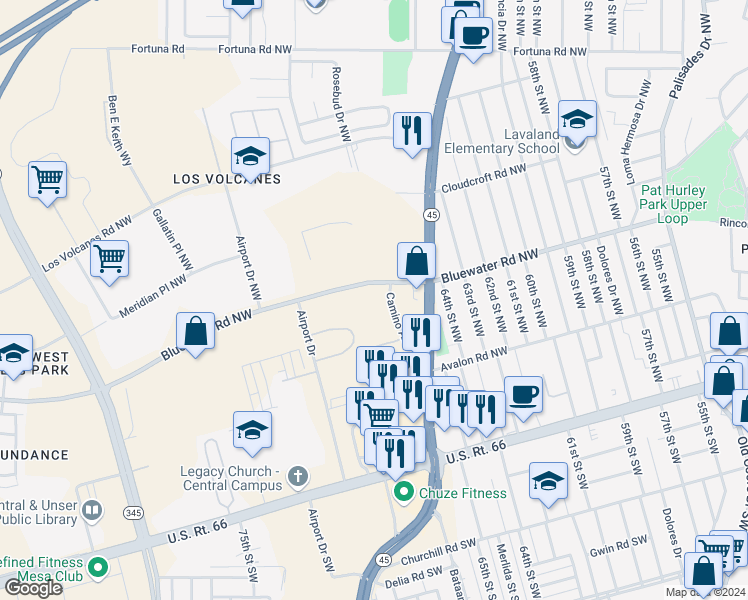 map of restaurants, bars, coffee shops, grocery stores, and more near 353 Camino Azul Northwest in Albuquerque