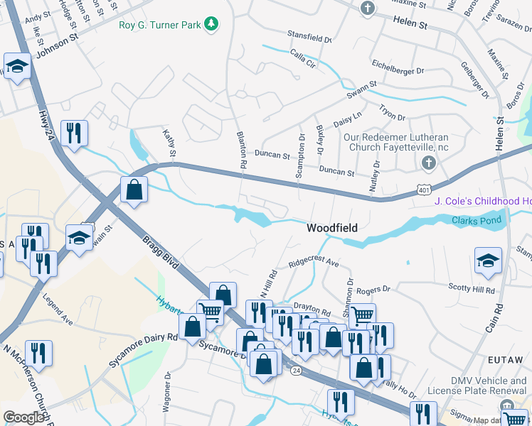 map of restaurants, bars, coffee shops, grocery stores, and more near 3375 Galleria Drive in Fayetteville
