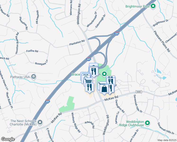 map of restaurants, bars, coffee shops, grocery stores, and more near 2509 Plantation Center Dr in Matthews