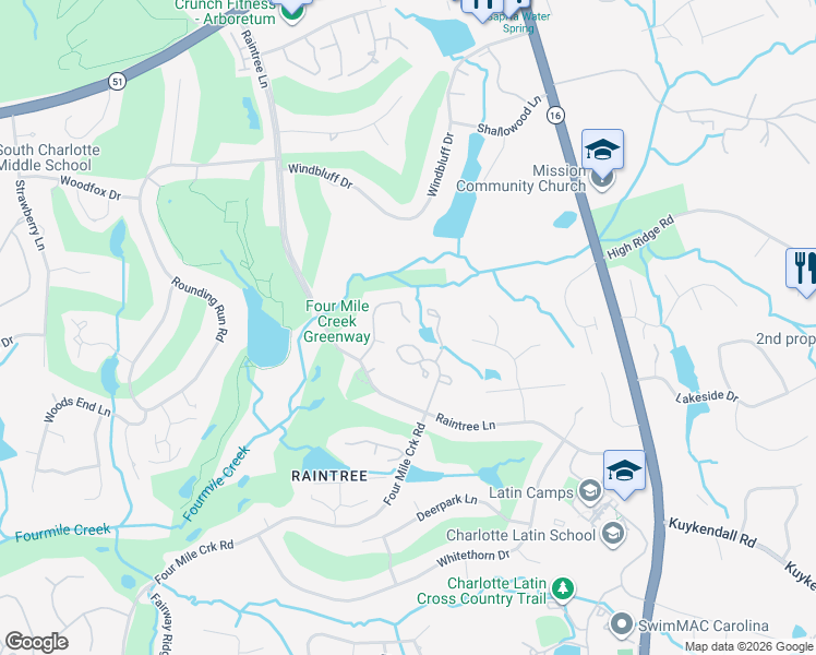 map of restaurants, bars, coffee shops, grocery stores, and more near 9038 4 Mile Creek Road in Charlotte
