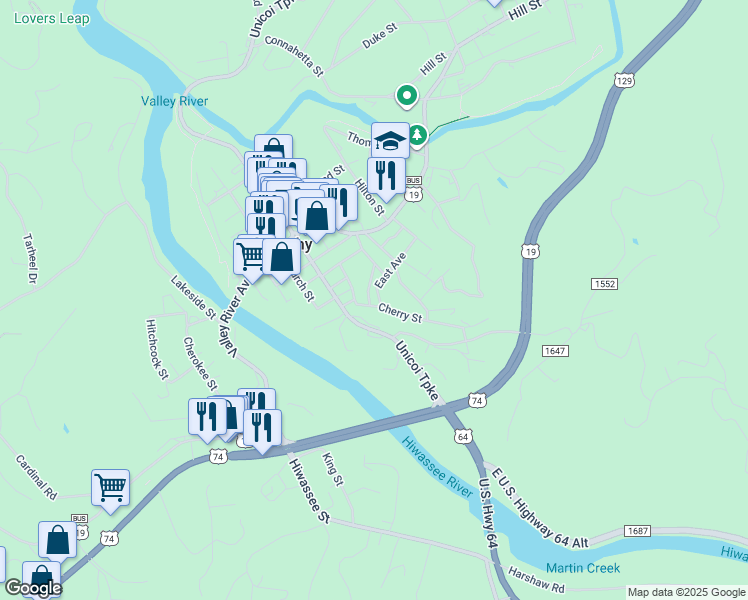 map of restaurants, bars, coffee shops, grocery stores, and more near 215 Peachtree Street in Murphy