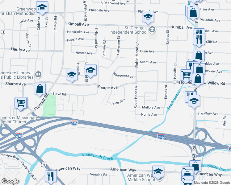 map of restaurants, bars, coffee shops, grocery stores, and more near 1694 Mary Drive in Memphis