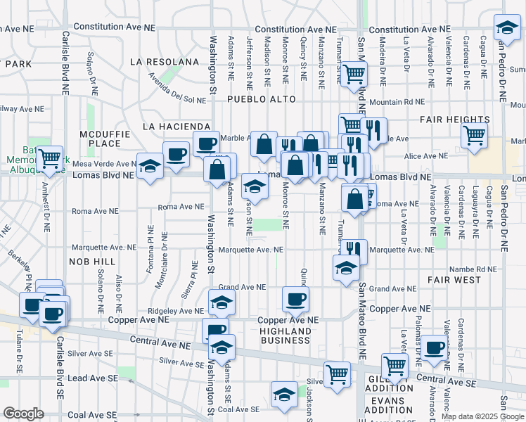 map of restaurants, bars, coffee shops, grocery stores, and more near 440 Jefferson Street Northeast in Albuquerque
