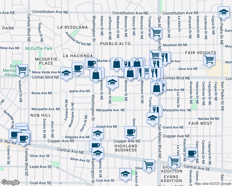 map of restaurants, bars, coffee shops, grocery stores, and more near 440 Jefferson Street Northeast in Albuquerque