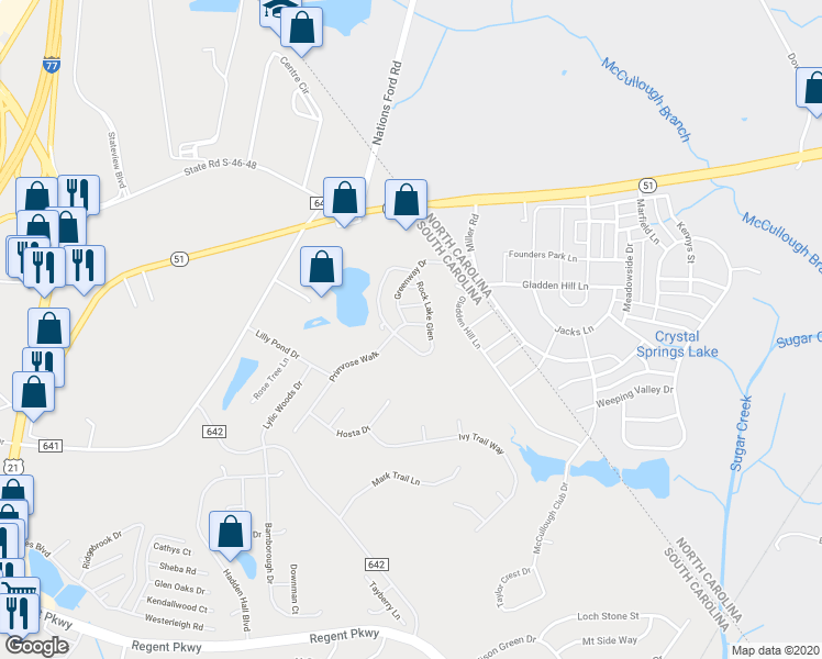 map of restaurants, bars, coffee shops, grocery stores, and more near 221 Primrose Walk in Fort Mill