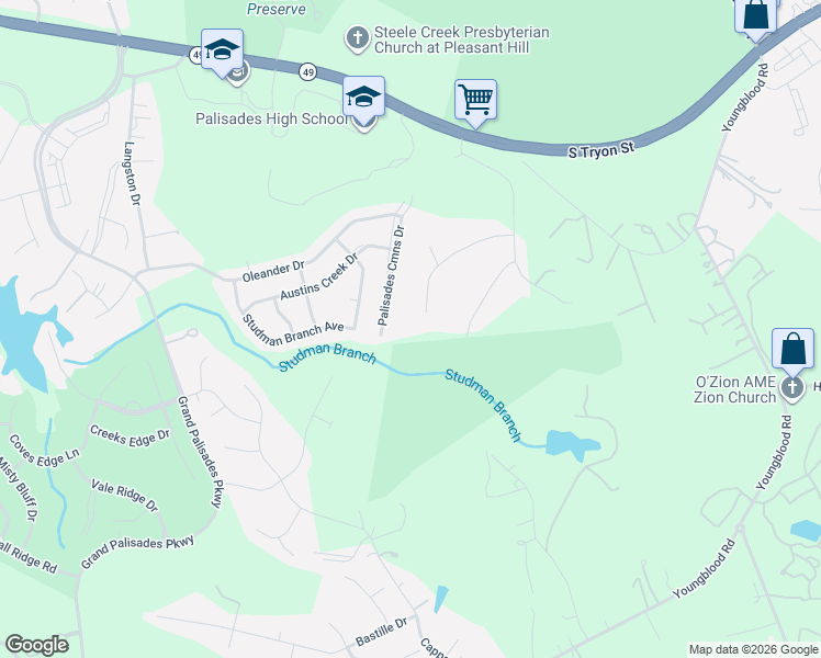 map of restaurants, bars, coffee shops, grocery stores, and more near 15025 Crooked Branch Lane in Charlotte