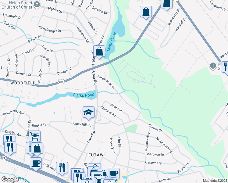 map of restaurants, bars, coffee shops, grocery stores, and more near 2019 Forest Hills Drive in Fayetteville