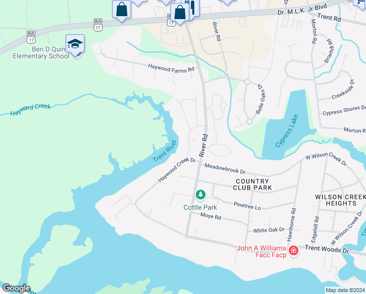 map of restaurants, bars, coffee shops, grocery stores, and more near 805 Trilliums Hideaway in Trent Woods