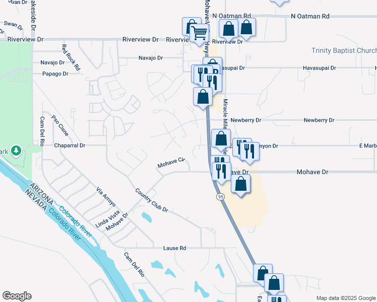map of restaurants, bars, coffee shops, grocery stores, and more near 1487 Bluffs Circle in Bullhead City