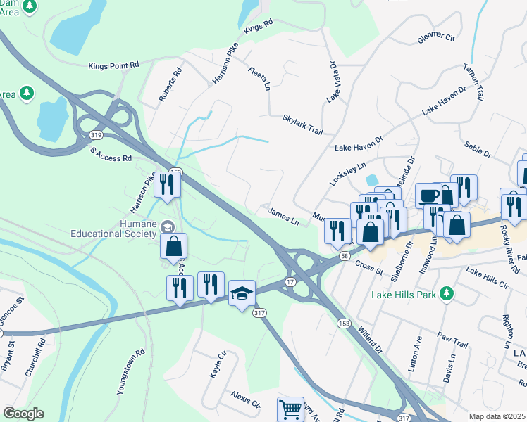 map of restaurants, bars, coffee shops, grocery stores, and more near 4405 James Lane in Chattanooga