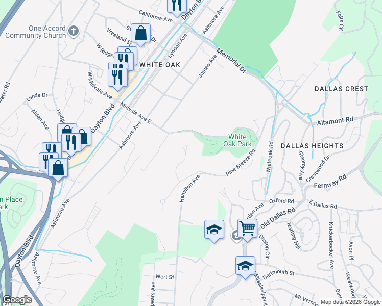 map of restaurants, bars, coffee shops, grocery stores, and more near 1638 Westover Lane in Chattanooga