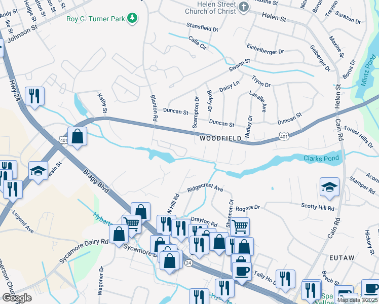 map of restaurants, bars, coffee shops, grocery stores, and more near 3351 Galleria Drive in Fayetteville