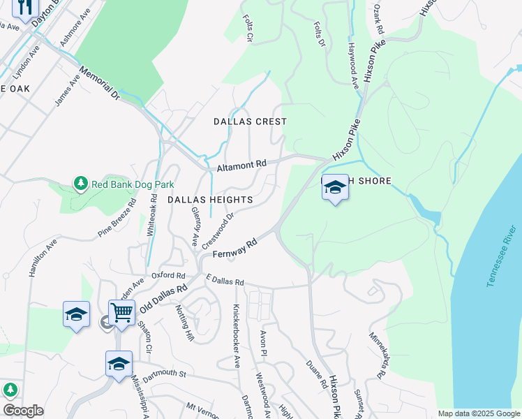 map of restaurants, bars, coffee shops, grocery stores, and more near 1820 Crestwood Drive in Chattanooga