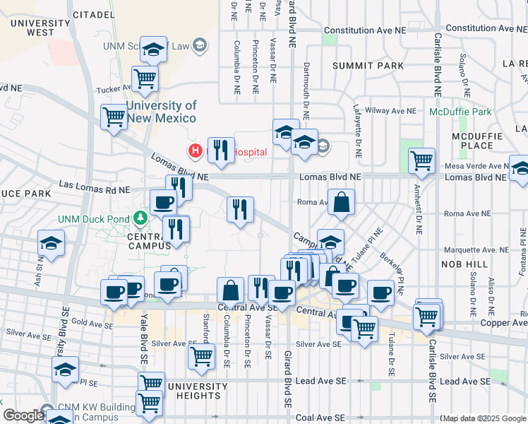 map of restaurants, bars, coffee shops, grocery stores, and more near 213 Vassar Drive Northeast in Albuquerque