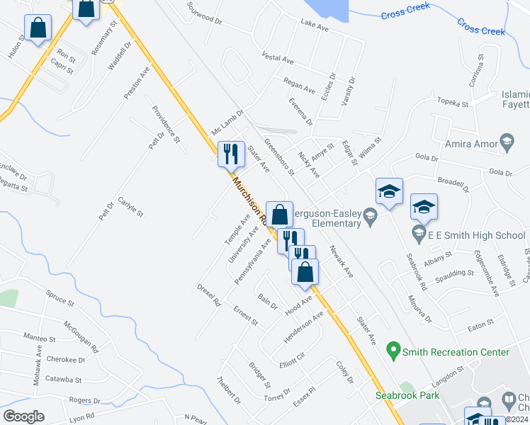 map of restaurants, bars, coffee shops, grocery stores, and more near 2216 Murchison Road in Fayetteville