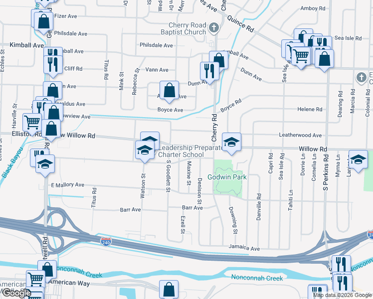 map of restaurants, bars, coffee shops, grocery stores, and more near 4284 Elliston Road in Memphis