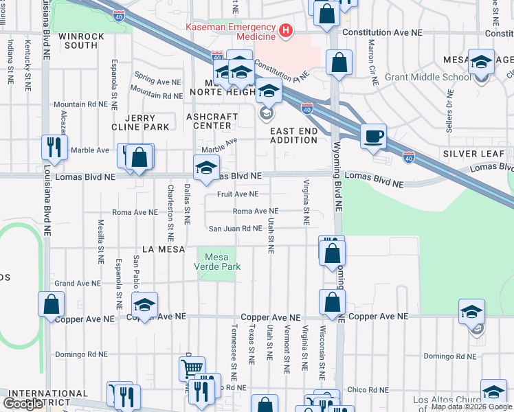map of restaurants, bars, coffee shops, grocery stores, and more near 8210 Roma Avenue Northeast in Albuquerque