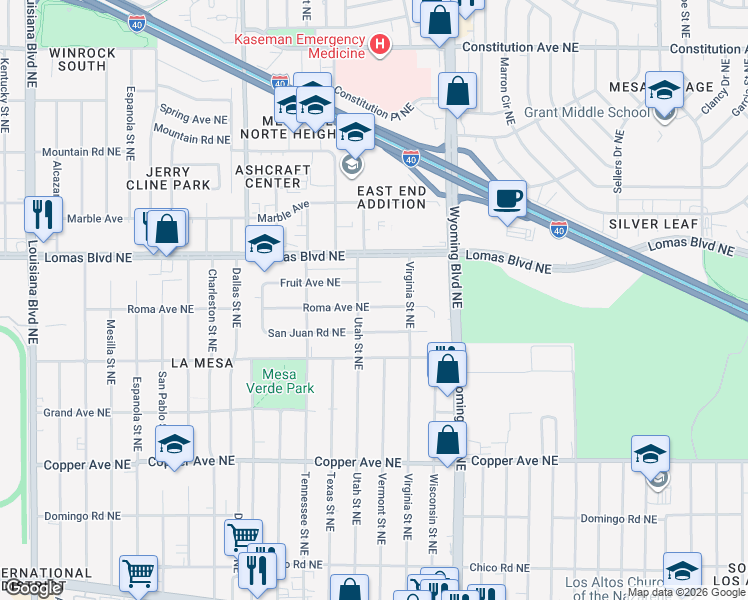 map of restaurants, bars, coffee shops, grocery stores, and more near 8311 San Juan Road Northeast in Albuquerque