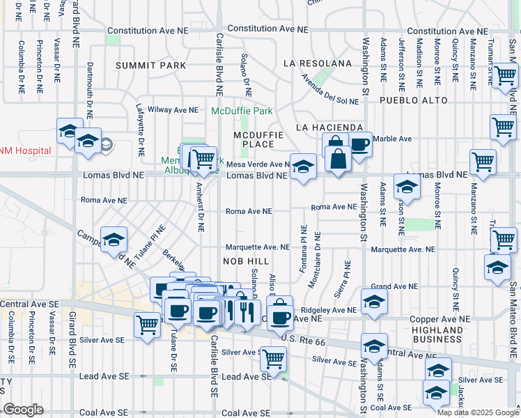 map of restaurants, bars, coffee shops, grocery stores, and more near 434 Solano Drive Northeast in Albuquerque