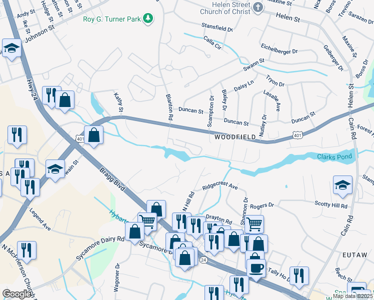 map of restaurants, bars, coffee shops, grocery stores, and more near 3375 Galleria Drive in Fayetteville