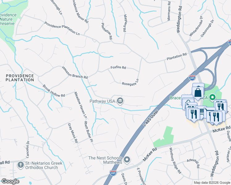 map of restaurants, bars, coffee shops, grocery stores, and more near 5639 Flowering Dogwood Lane in Charlotte