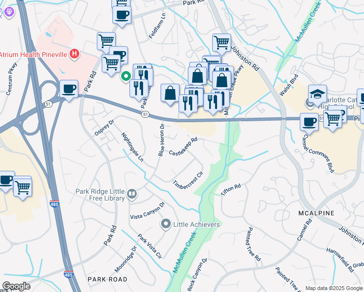 map of restaurants, bars, coffee shops, grocery stores, and more near 8509 Castlekeep Road in Charlotte