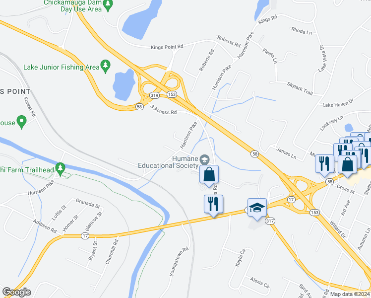 map of restaurants, bars, coffee shops, grocery stores, and more near 4204 Benton Avenue in Chattanooga