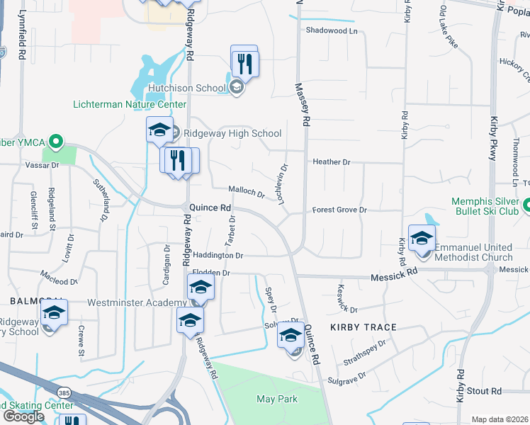 map of restaurants, bars, coffee shops, grocery stores, and more near 2354 Culloden Cove in Memphis