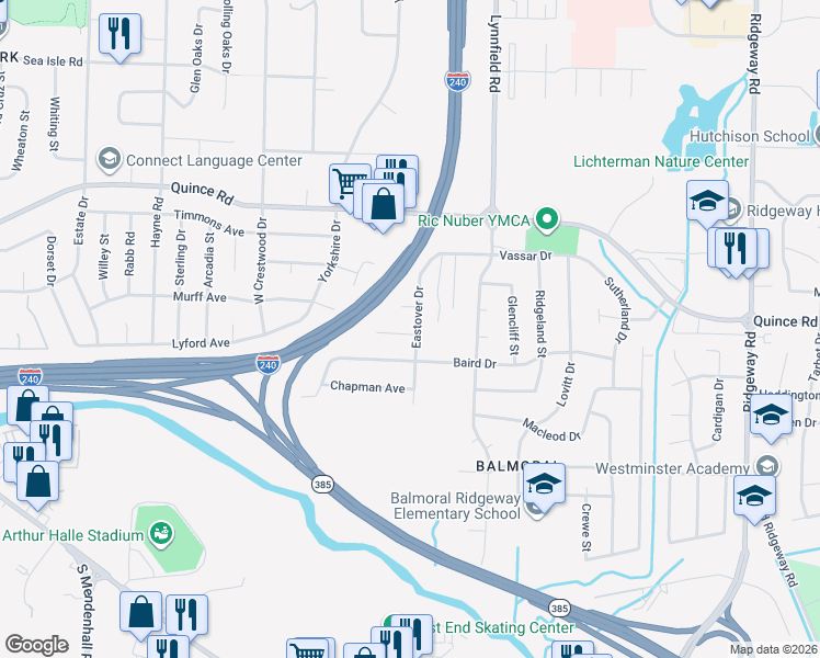 map of restaurants, bars, coffee shops, grocery stores, and more near 5724 Baird Drive in Memphis