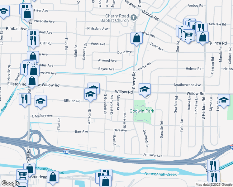 map of restaurants, bars, coffee shops, grocery stores, and more near 4284 Elliston Road in Memphis