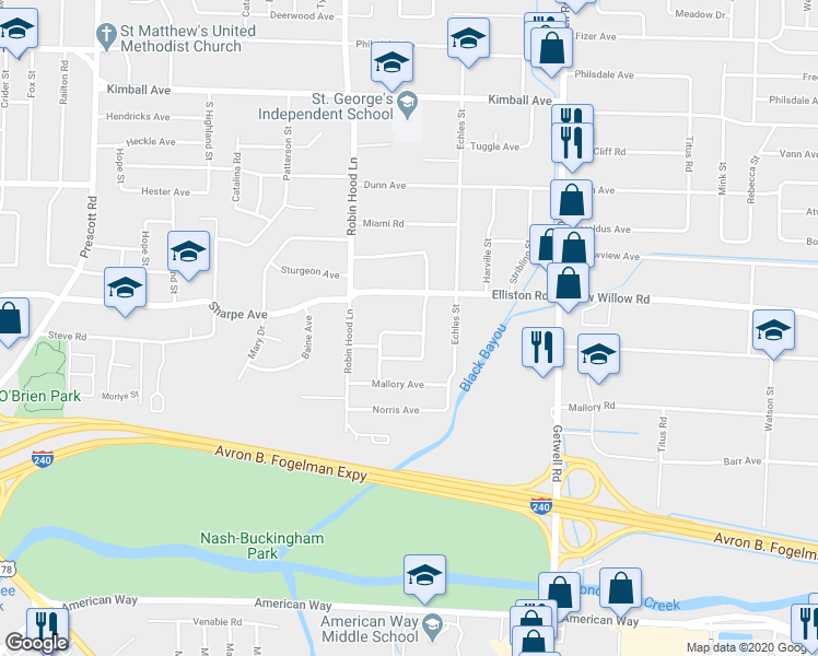 map of restaurants, bars, coffee shops, grocery stores, and more near 3766 Green Bush Place in Memphis