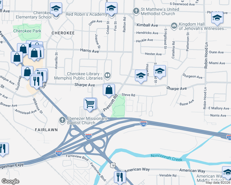 map of restaurants, bars, coffee shops, grocery stores, and more near 1697 Prescott Road in Memphis