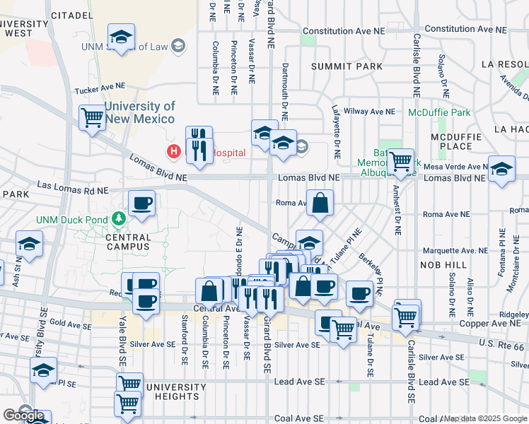 map of restaurants, bars, coffee shops, grocery stores, and more near 413 Girard Boulevard Northeast in Albuquerque