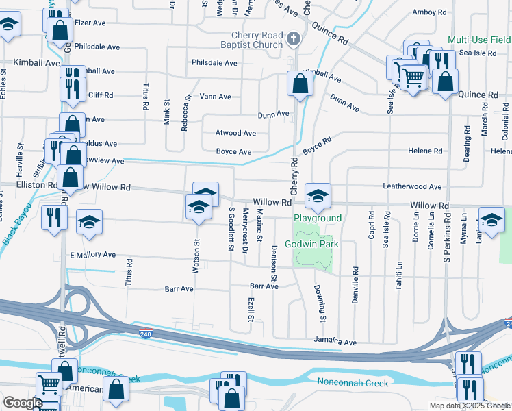 map of restaurants, bars, coffee shops, grocery stores, and more near 4284 Elliston Road in Memphis