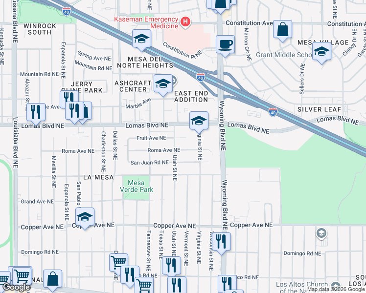 map of restaurants, bars, coffee shops, grocery stores, and more near 8311 San Juan Road Northeast in Albuquerque
