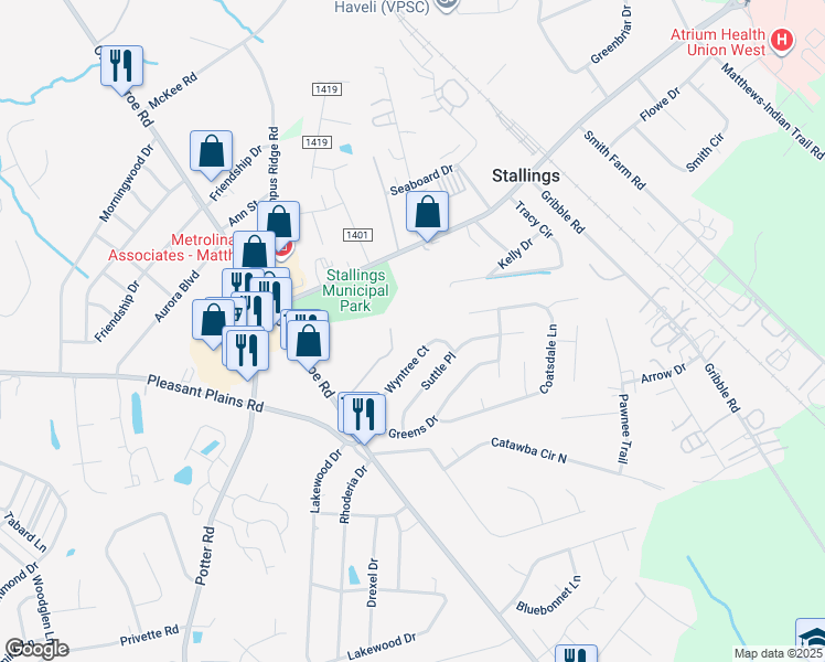 map of restaurants, bars, coffee shops, grocery stores, and more near 8128 Sapwood Court in Matthews