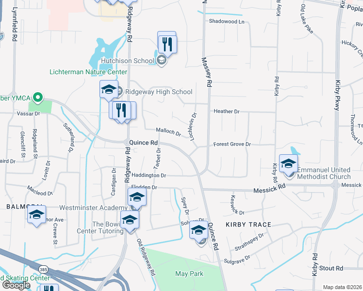 map of restaurants, bars, coffee shops, grocery stores, and more near 2354 Culloden Cove in Memphis