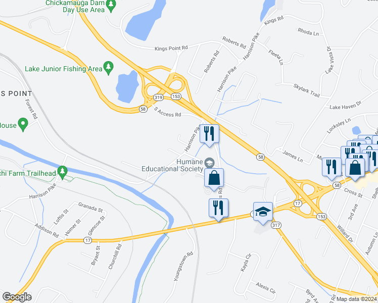 map of restaurants, bars, coffee shops, grocery stores, and more near 3204 Harrison Pike in Chattanooga