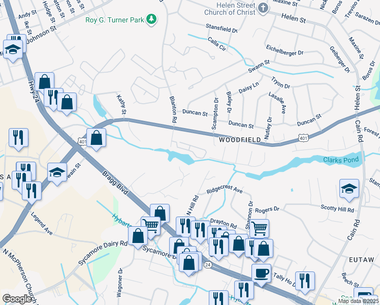 map of restaurants, bars, coffee shops, grocery stores, and more near 3375 Galleria Drive in Fayetteville