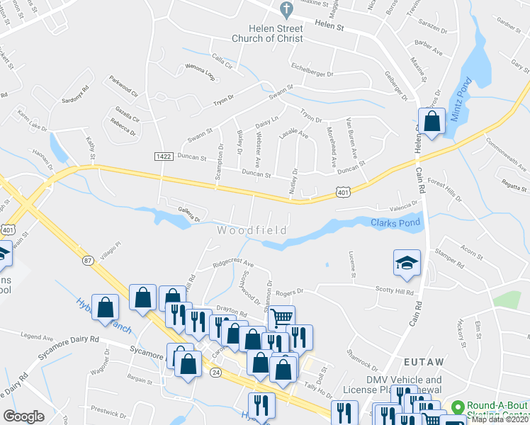 map of restaurants, bars, coffee shops, grocery stores, and more near 1659 Baysden Court in Fayetteville