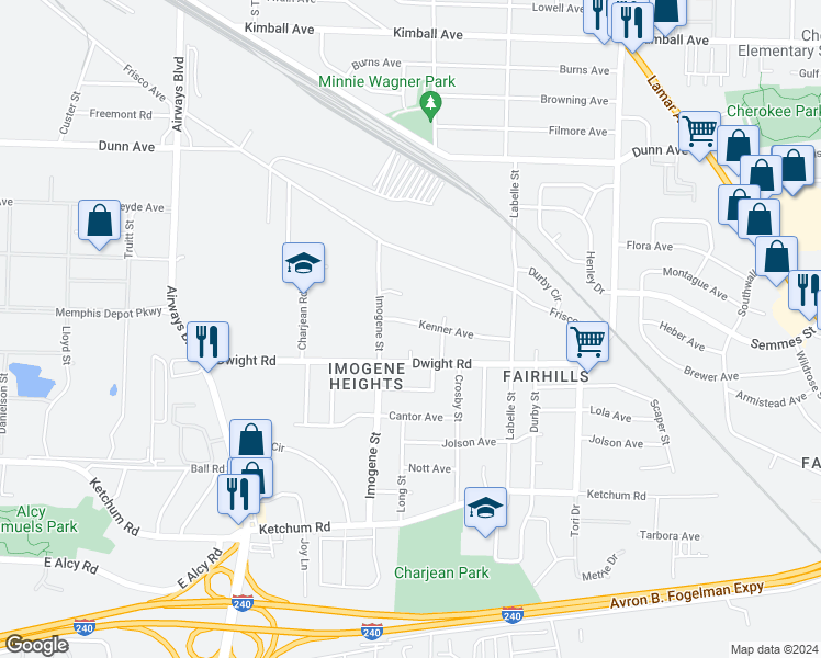map of restaurants, bars, coffee shops, grocery stores, and more near 2533 Kenner Avenue in Memphis