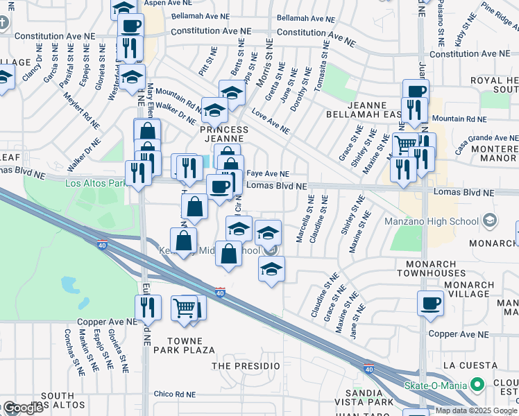 map of restaurants, bars, coffee shops, grocery stores, and more near 11296 Lomas Boulevard Northeast in Albuquerque