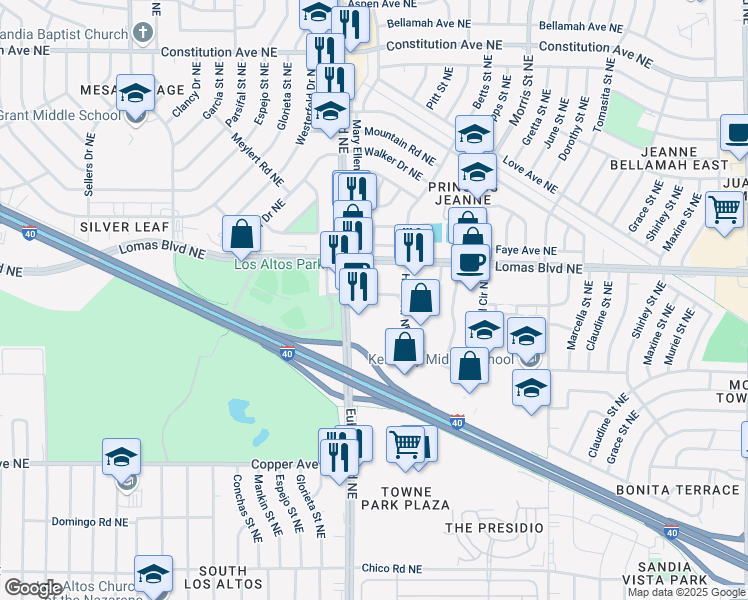 map of restaurants, bars, coffee shops, grocery stores, and more near 10321 Hotel Avenue Northeast in Albuquerque