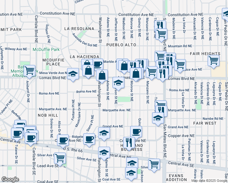 map of restaurants, bars, coffee shops, grocery stores, and more near 99999 Jefferson Street Northeast in Albuquerque