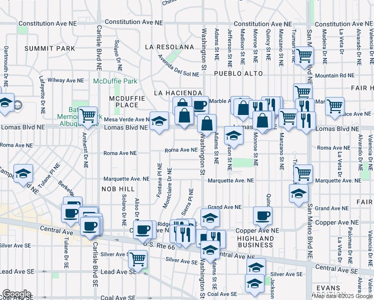 map of restaurants, bars, coffee shops, grocery stores, and more near 4235 Brockmont Avenue Northeast in Albuquerque