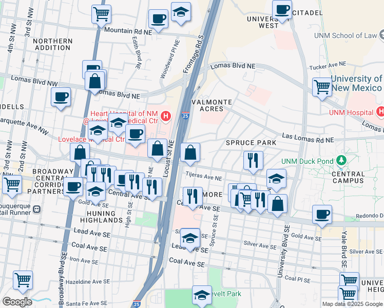 map of restaurants, bars, coffee shops, grocery stores, and more near 500 Oak Street Northeast in Albuquerque
