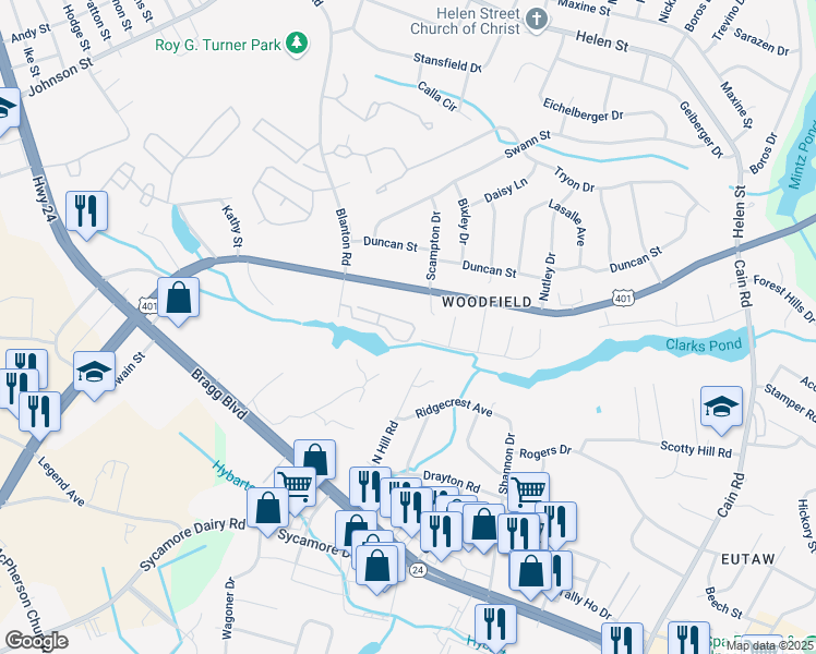 map of restaurants, bars, coffee shops, grocery stores, and more near 1140 Mintz Mill Road in Fayetteville